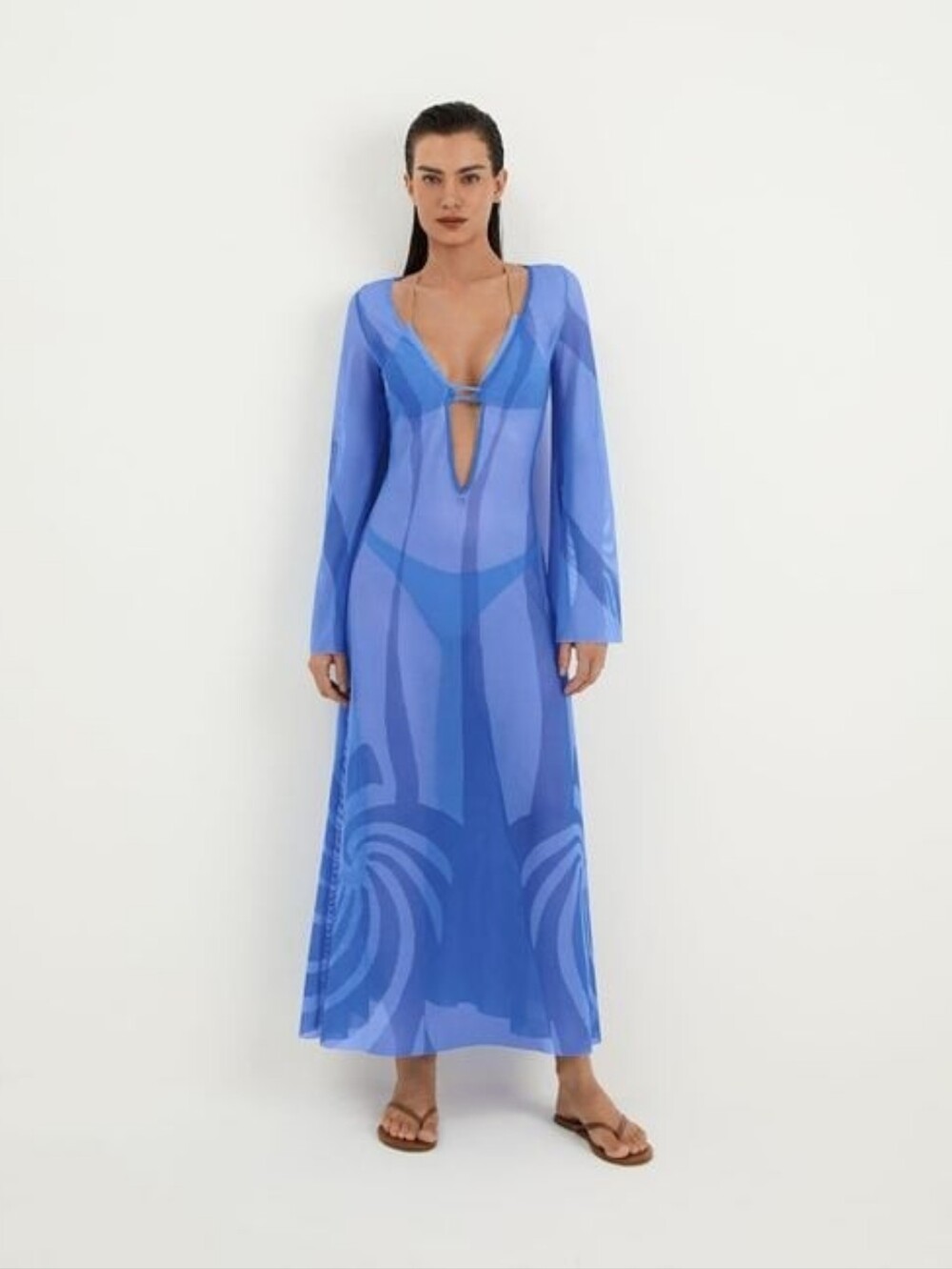 Caroline Constas Lidi Sheer Royal Blue V-Neck Maxi Coverup Dress Sz L